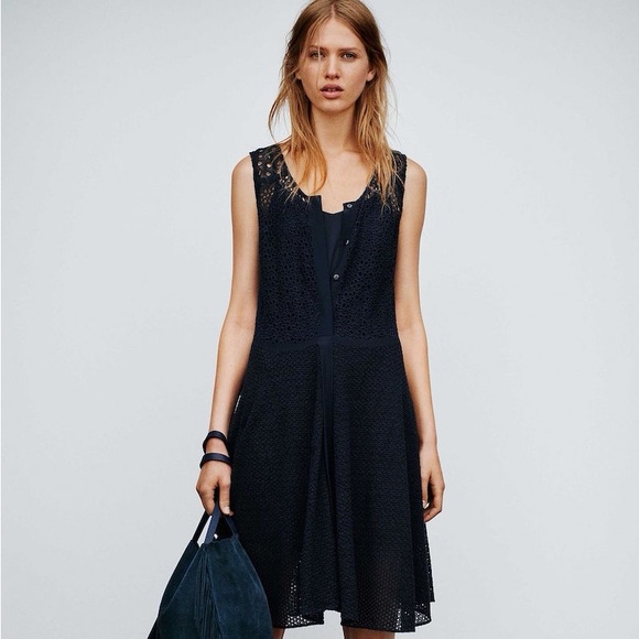 AllSaints Navy Blue Eyelet Lace Embroidered A-Line Dress - Picture 3 of 8